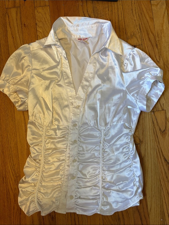 Guess Tops - 90s Guess White Satin Ruched Button-Up Blouse